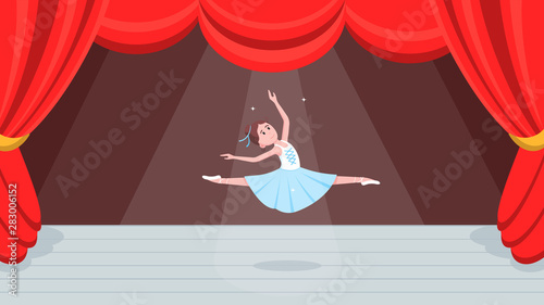 Open red curtains theater or ballet dance scene with price, curtains, scenery and young beautiful ballerina dressed in tutu and pointe shoes standing at the pose flat style design vector illustration.