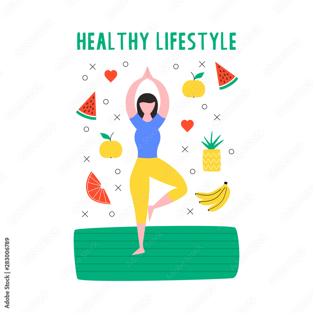 Healthy lifestyle poster with yoga girl and fruits. Vector isolated illustration.