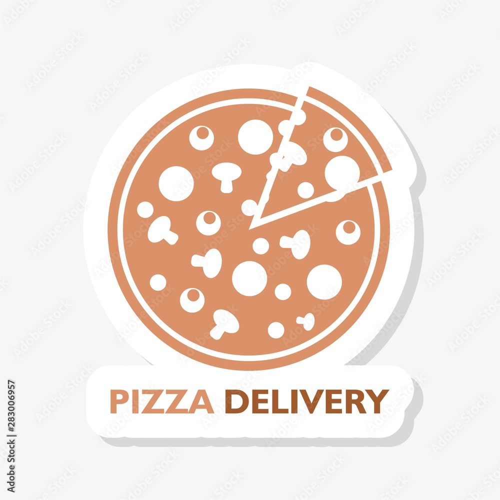Illustration sticker logo for whole round hot pizza, slice triangle from pizzeria menu Illustration sticker logo for whole round hot pizza, slice triangle from pizzeria menu