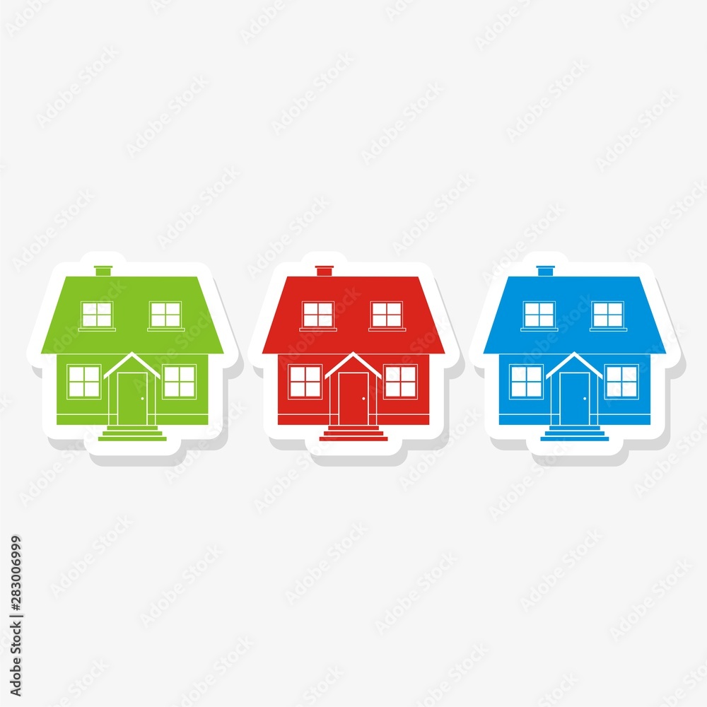 Three houses with different color sticker Three houses with different color sticker