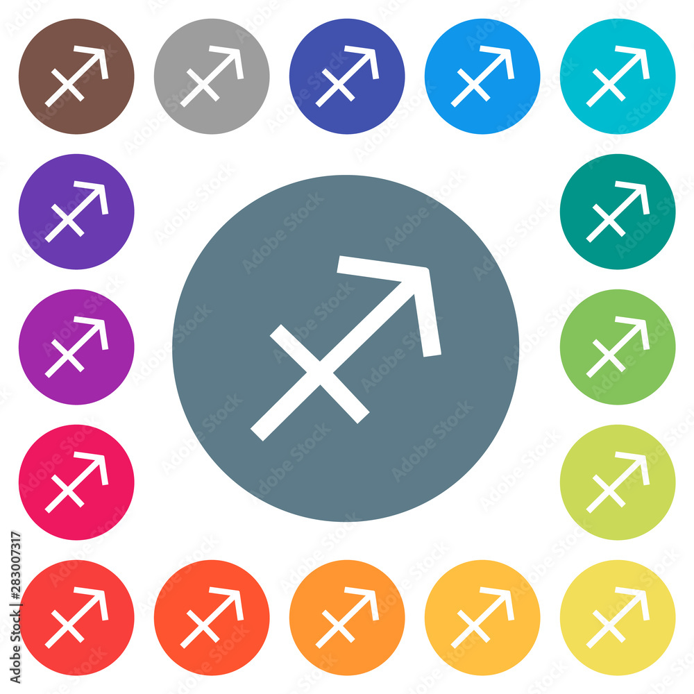 Sagittarius zodiac symbol flat white icons on round color backgrounds Sagittarius zodiac symbol flat white icons on round color backgrounds