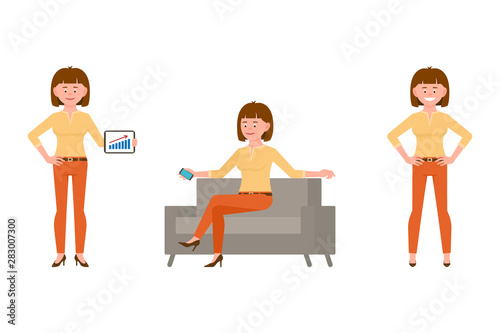 Friendly, elegant, brown hair business adult woman in orange pants vector illustration. Standing with tablet, sitting on sofa with smartphone lady cartoon character set on white background