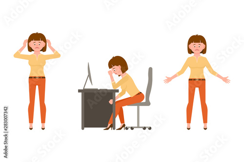 Sad, exhausted, miserable office lady in orange pants vector illustration. Standing unhappily, sitting depressed woman cartoon character set on white background