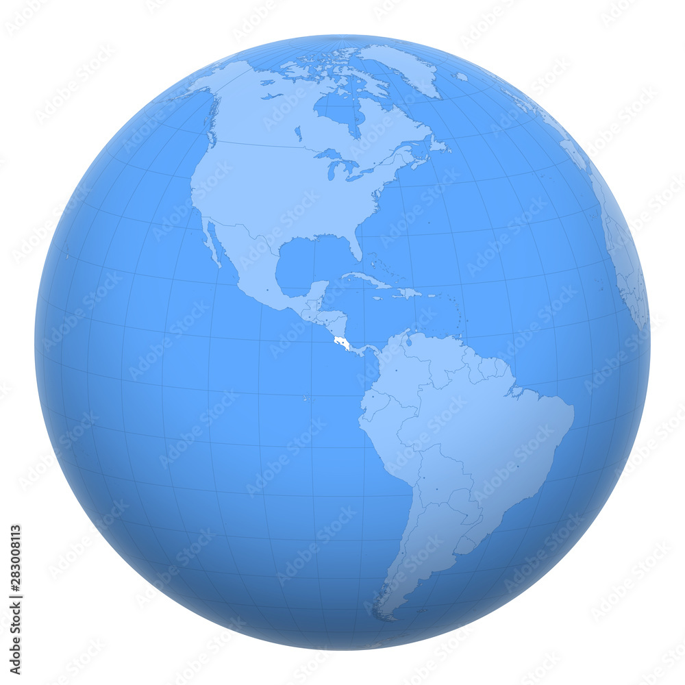 Costa Rica on the globe. Earth centered at the location of the Republic of Costa Rica. Map of Costa Rica. Includes layer with capital cities. Costa Rica on the globe. Earth centered at the location of the Republic of Costa Rica. Map of Costa Rica. Includes layer with capital cities.