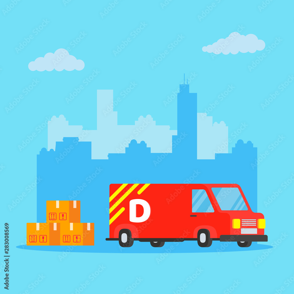 Fast red delivery vehicle car van flat style design with city behind vector illustration isolated on light blue background. Cargo auto truck for shipment business with pile of boxes.