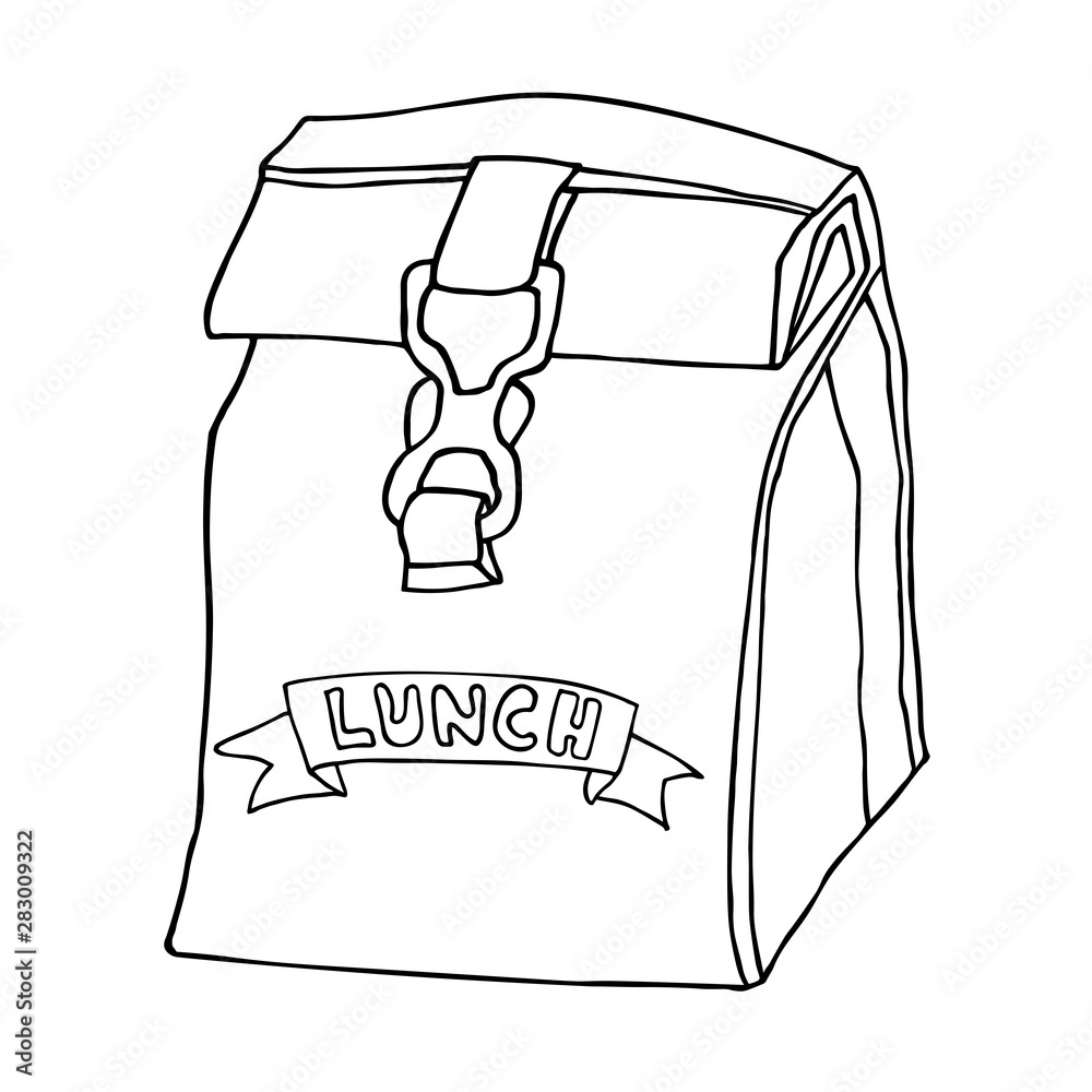 Lunch bag with a ribbon label. Line art vector sketch illustration