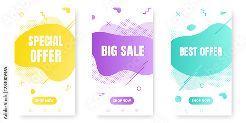3 modern vertical mobile liquid abstract shape gradient memphis style design fluid vector colorful illustration banner for app, presentation, sale, brochure isolated on white background.