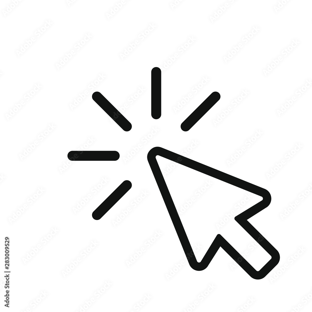 Click icon. Arrow with clicking graphic sign isolated on white background. Cursor symbol for design websites, apps, etc. Vector illustration Click icon. Arrow with clicking graphic sign isolated on white background. Cursor symbol for design websites, apps, etc. Vector illustration