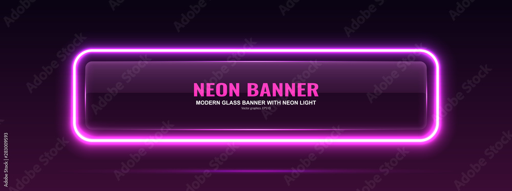 Rectangular glass banner. Transparent billboard with neon lights. Vector illustration.