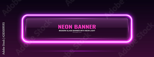 Rectangular glass banner. Transparent billboard with neon lights. Vector illustration. photo