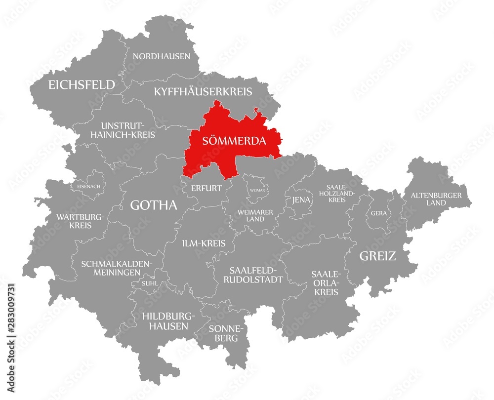Soemmerda red highlighted in map of Thuringia Germany