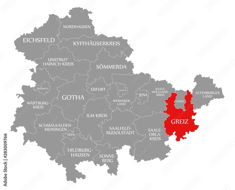 Greiz red highlighted in map of Thuringia Germany