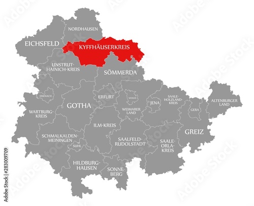 Kyffhaeuserkreis red highlighted in map of Thuringia Germany