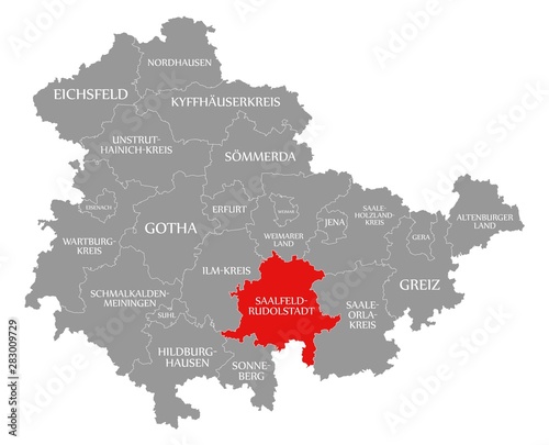 Saalfeld-Rudolstadt red highlighted in map of Thuringia Germany
