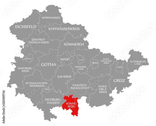 Sonneberg red highlighted in map of Thuringia Germany