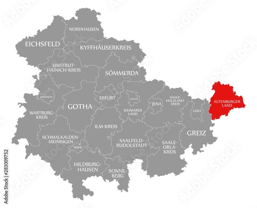 Altenburger Land red highlighted in map of Thuringia Germany