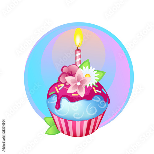 День Рождения. Праздник. Cake with candles. Bright dessert. Festive cupcake 