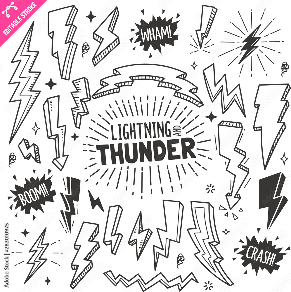 Lightning and Thunder Design elements. Black and White Vector Doodle