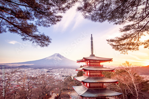 Photography Fujiyoshida, Japan at Chureito Pagoda and Mt. Fuji at sunset