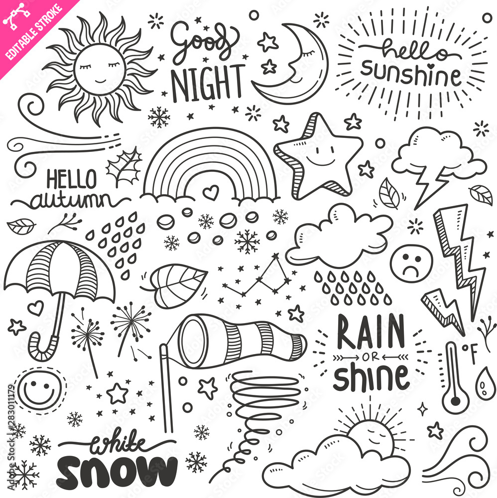 Weather Design elements. Black and White Vector Doodle Illustration Set. Editable Stroke.