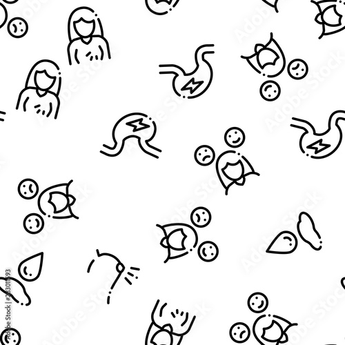 Symptomps Of Pregnancy Seamless Pattern Vector. Fatigue And Nausea, Food Aversion And Frequent Urination, Constipation And Faintness Symptomps Of Pregnancy Illustration