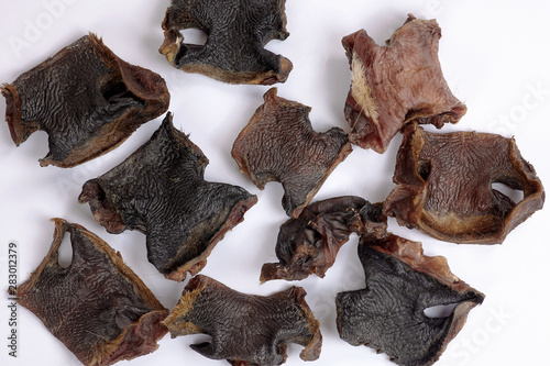 The big pieces of dehydrated beef noses, used like dog treats. Indoors, white background, close up, copy space.