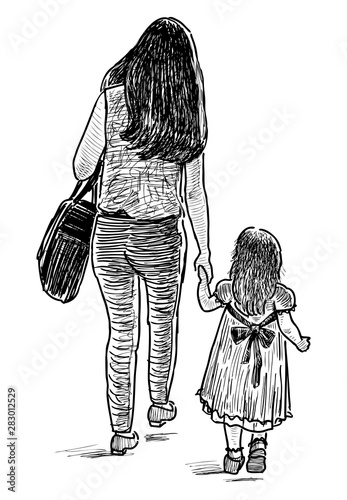 Sketch of a mother with her little daughter going for a stroll