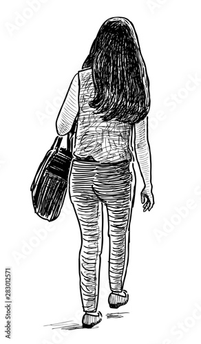 Sketch of a young townswoman with long hair going down the street photo