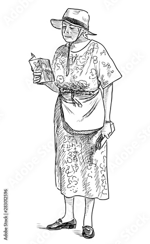 Sketch of an elderly woman in a hat going for a stroll