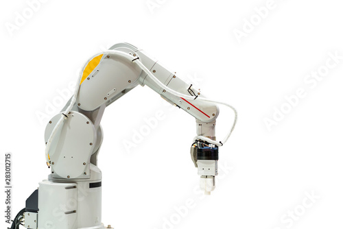 Smart precision robot grip & automatic clamp or chuck for catch industrial automotive part such metal plastic gear etc for remove - assembly in manufacturing process isolated on white + clipping path