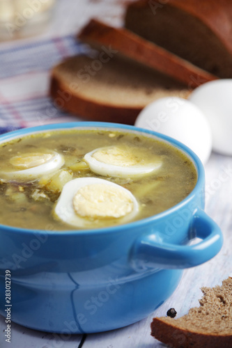 A bowl with homemade sorrel soup