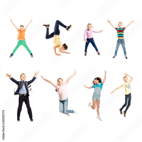 Set of images of jumping children of different age. Isolated over white background. Square format.