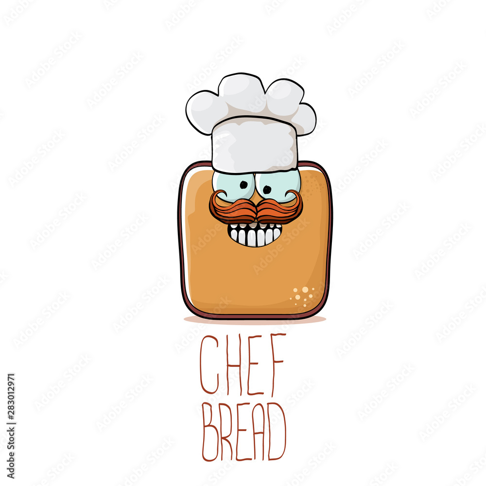vector funky cartoon smiling toast bread chef character with white chef hat isolated on white background. Bakery or kids cafe funky logo or mascot design template vector funky cartoon smiling toast bread chef character with white chef hat isolated on white background. Bakery or kids cafe funky logo or mascot design template