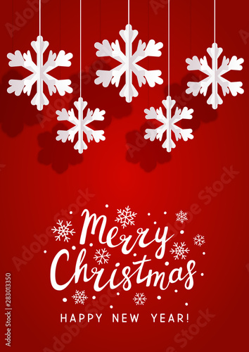 Christmas greeting card with paper snowflakes on red background for Your holiday design