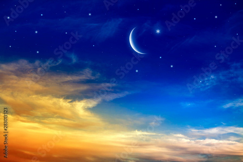 Generous Ramadan . New moon . Red sunset and moon . cloudy landscape and star sky . 