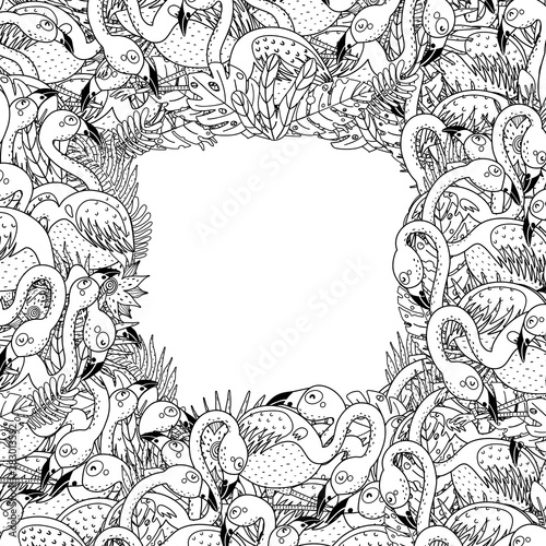 Black and white frame with funny flamingos in coloring page style