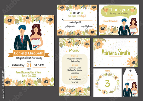 Wedding invitation template set with adorable bride and groom