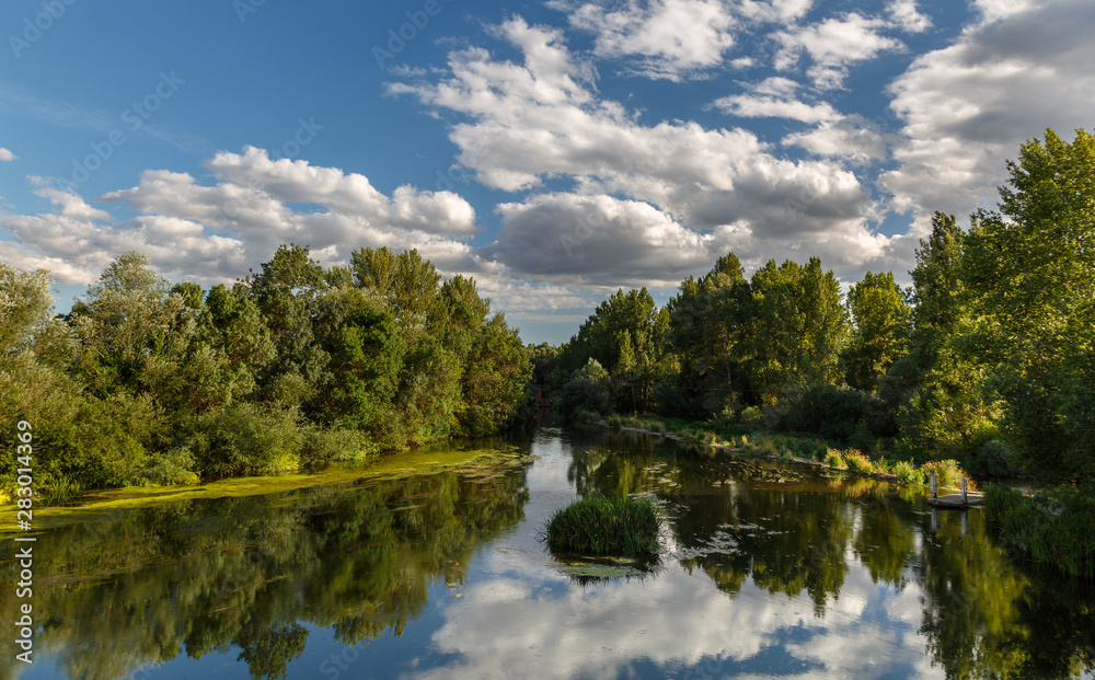 Paisaje natural con reflejos en el agua. Bosque de ribera y Río Órbigo ...