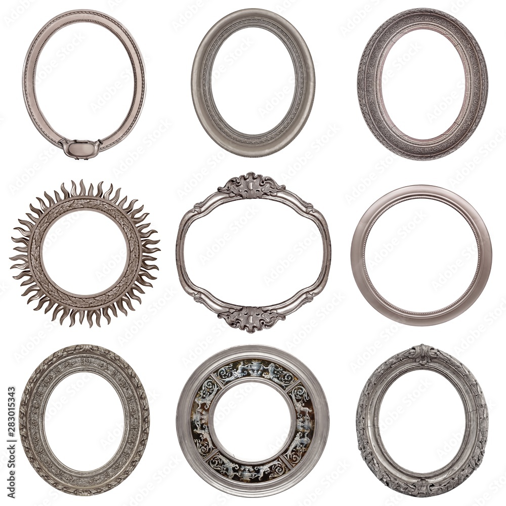 Set of round silver frames for paintings, mirrors or photo isolated on white background Set of round silver frames for paintings, mirrors or photo isolated on white background