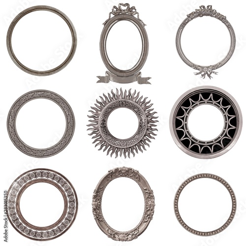 Set of round silver frames for paintings, mirrors or photo isolated on white background