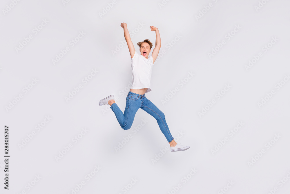 Full length photo of jumping high guy need to buy something wear casual outfit isolated white background