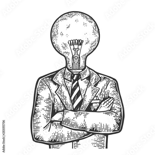 Businessman with lamp bulb instead head sketch engraving vector illustration. Scratch board style imitation. Black and white hand drawn image. photo