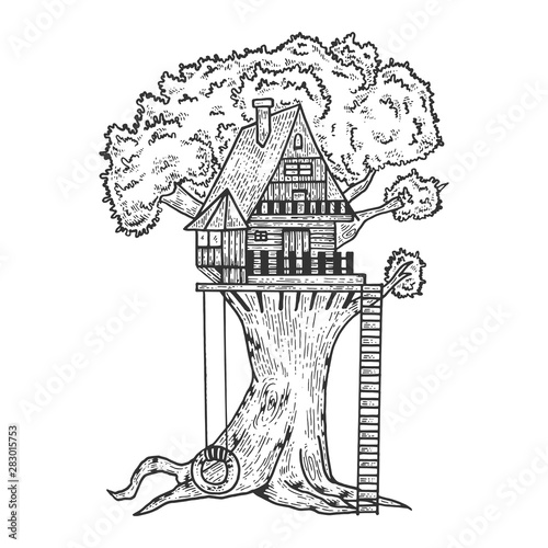 Tree house for children sketch engraving vector illustration. Scratch board style imitation. Black and white hand drawn image.
