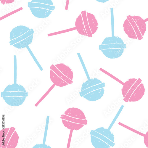 Pink and blue lollipops on white background in flat style design. Seamless background with candy, minimalism concept.