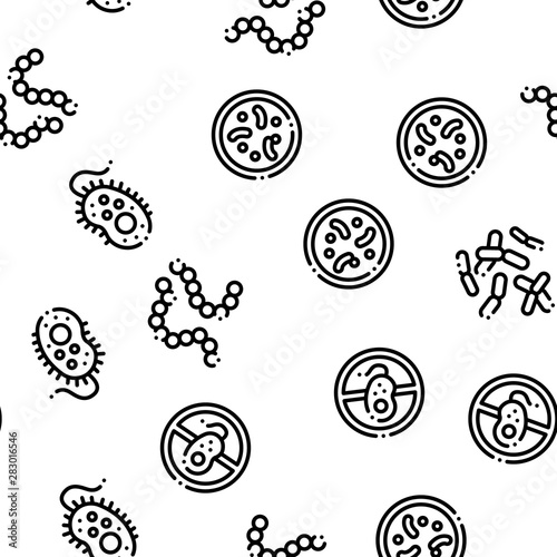 Pathogen Seamless Pattern Vector. Pathogen Bacteria Microorganism, Microbes And Germs Linear Pictograms. Analysis In Flask, Microscope And Injection Illustration