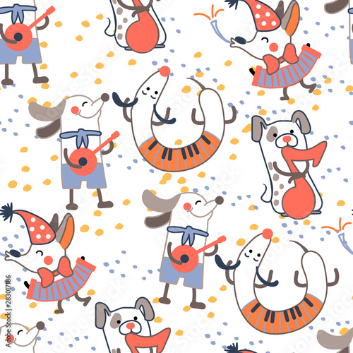 Pattern with funny dogs with musical instruments. 