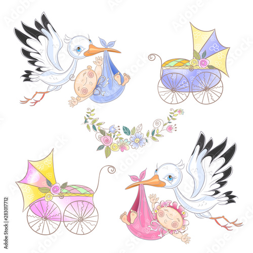 Set of illustrations. Stork with baby. Baby carriage . Baby shower. Vector