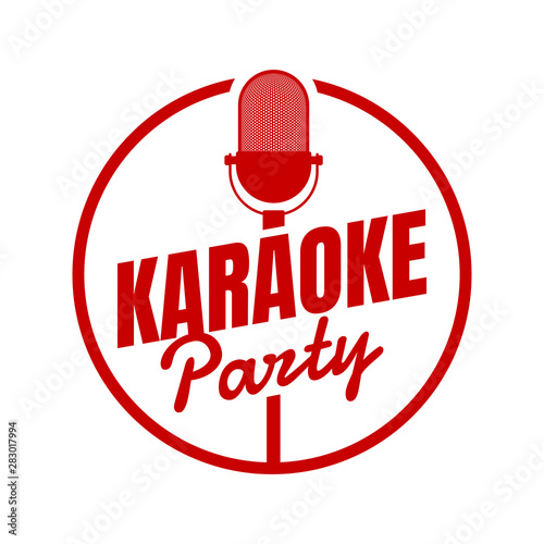 Karaoke party night live show open mike sign. Vintage microphone in red circle. Retro mic vector music nightlife event illustration for music poster