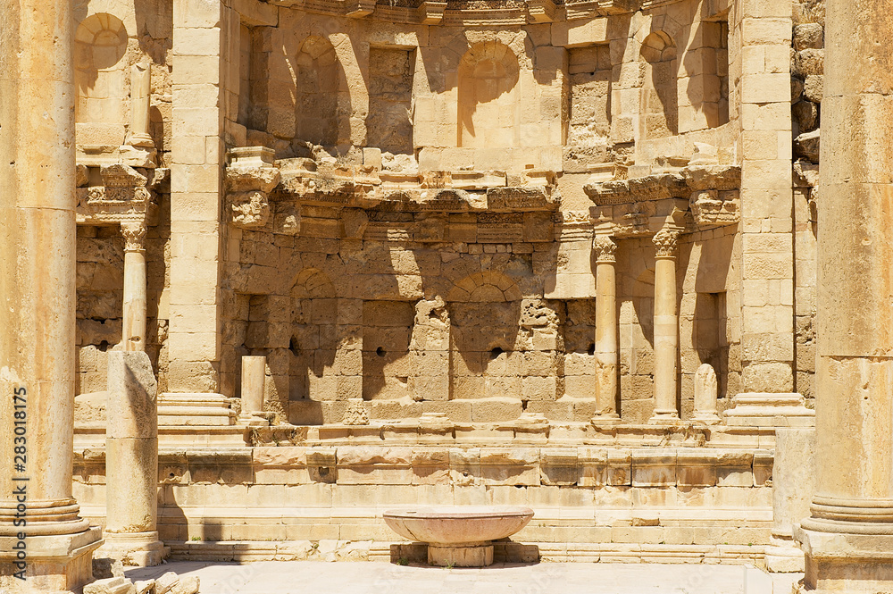 Ruins of the Nymphaeum in the Roman city of Gerasa (modern Jerash) in Jordan..