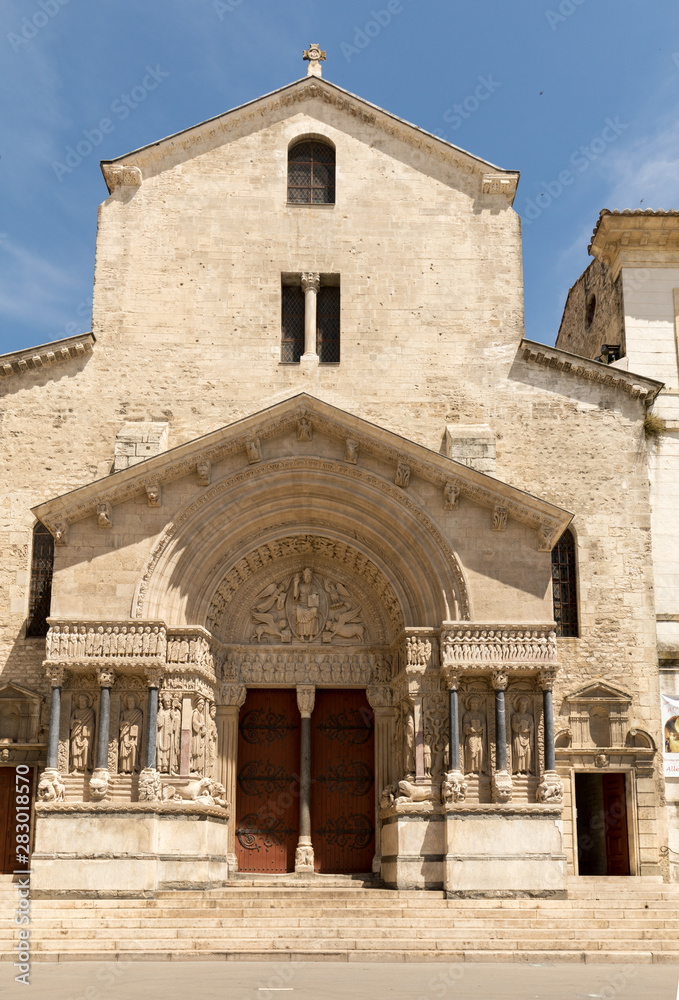   West facade of the Saint Trophime Cathedral in Arles, France. Bouches-du-Rhone,  France
